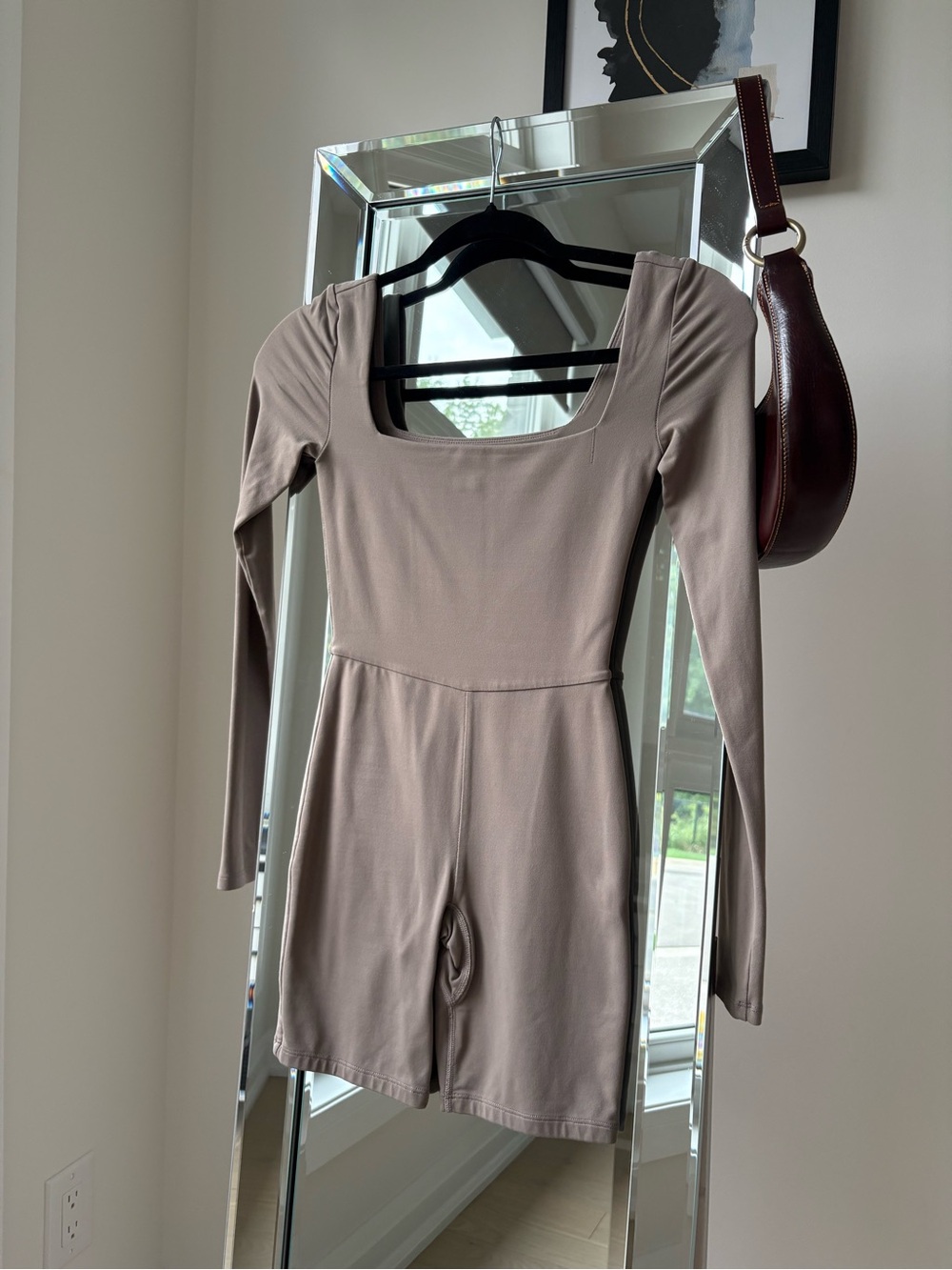 Aritzia Taupe Long-Sleeve Square Neck Romper Bodysuit
